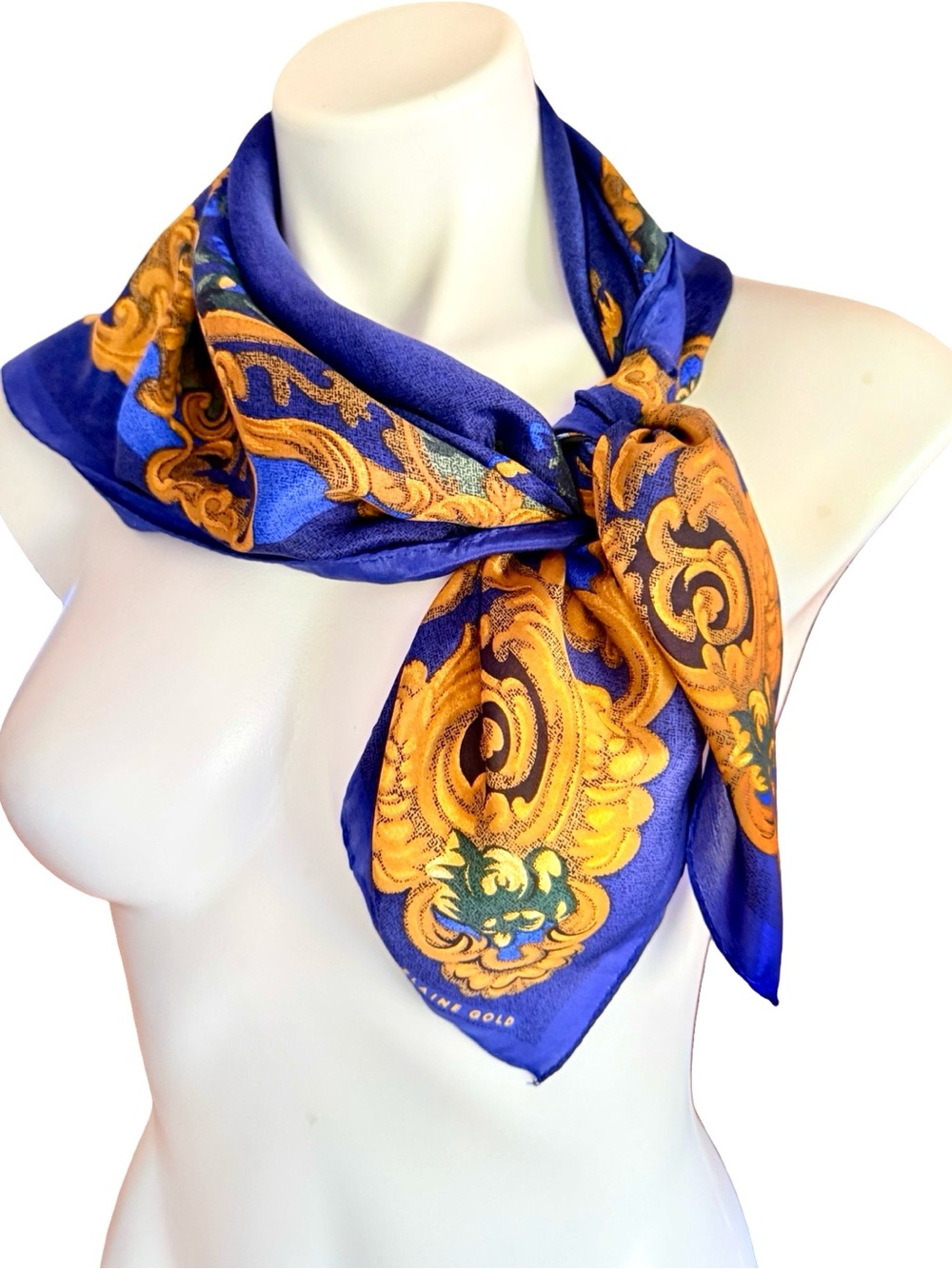 Elaine Gold Collection XIIX Silk Scarf Blue Gold Baroque Square 32x32